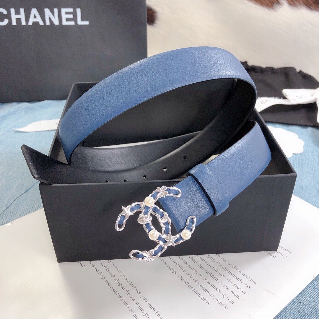 Chanel Belt With Double C Buckle Dark Blue Silver Toned Hardware Women Belt