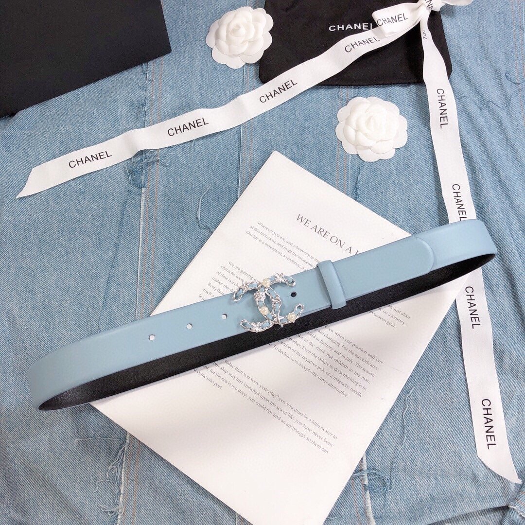 Chanel Belt With Double C Buckle Light Blue Silver Toned Hardware Women Belt