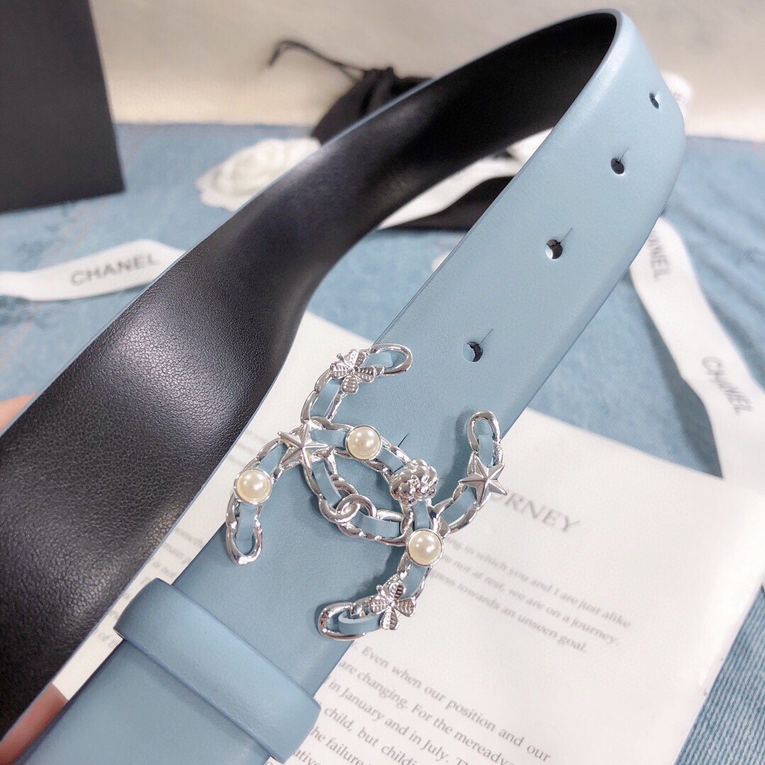 Chanel Belt With Double C Buckle Light Blue Silver Toned Hardware Women Belt