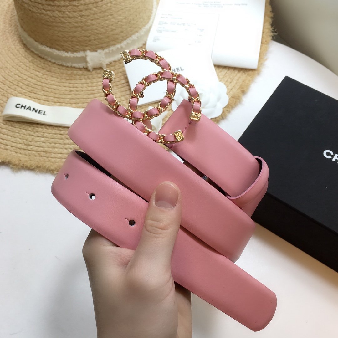 Chanel Belt With Double C Buckle Pink with Gold mix Pink Hardware Women Belt