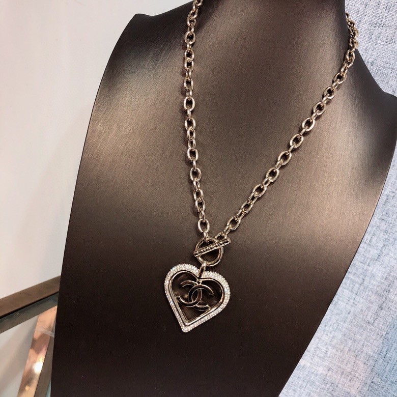 Chanel Big Heart Frame Necklace Gold Tone For Women