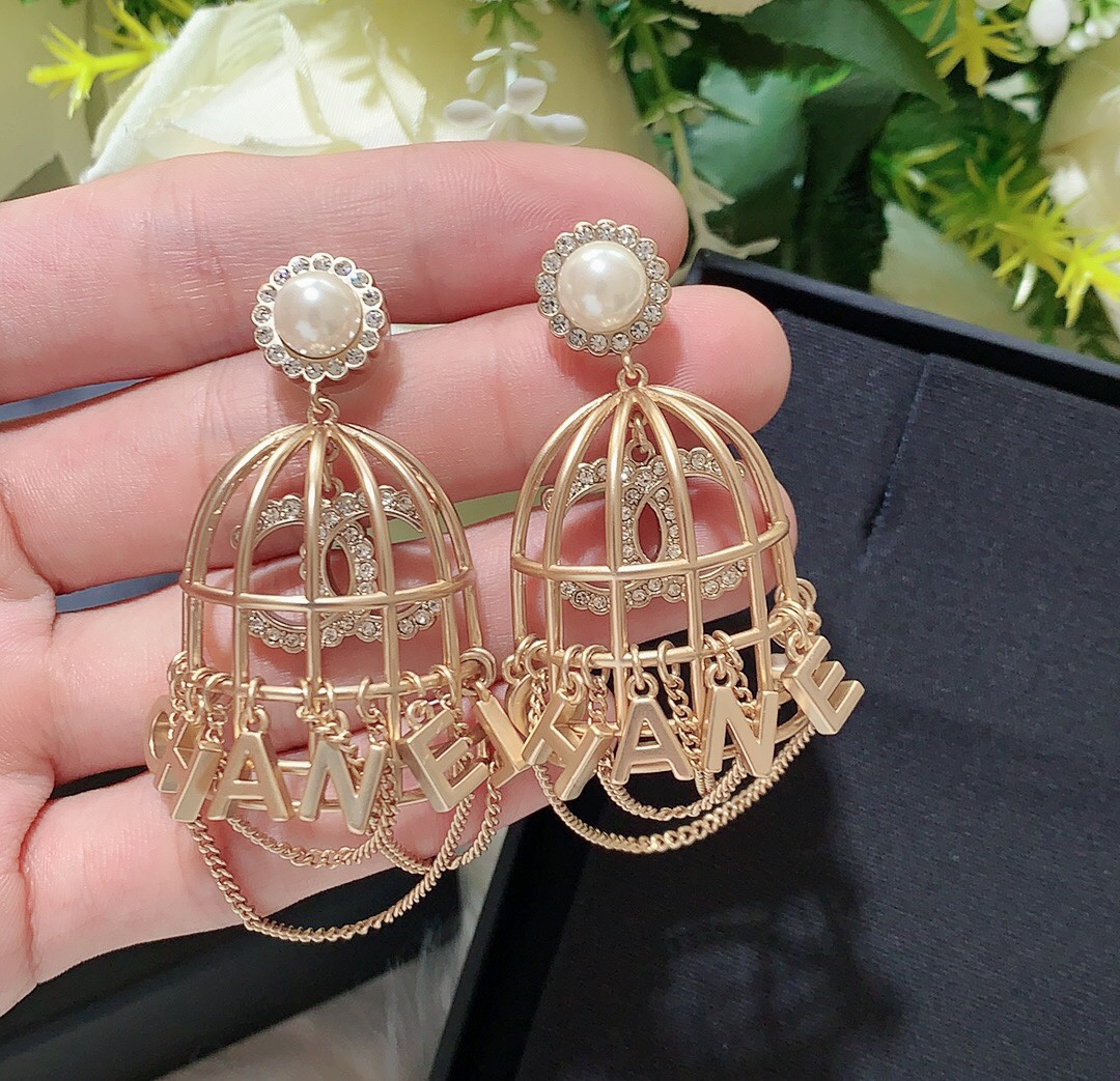 Chanel Bird Cage Shape Earrings Gold Tone For Women