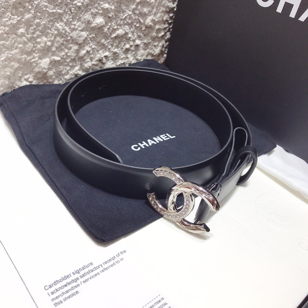 Chanel Black Belt With Double C Buckle Silver-Toned Metal Women Belt