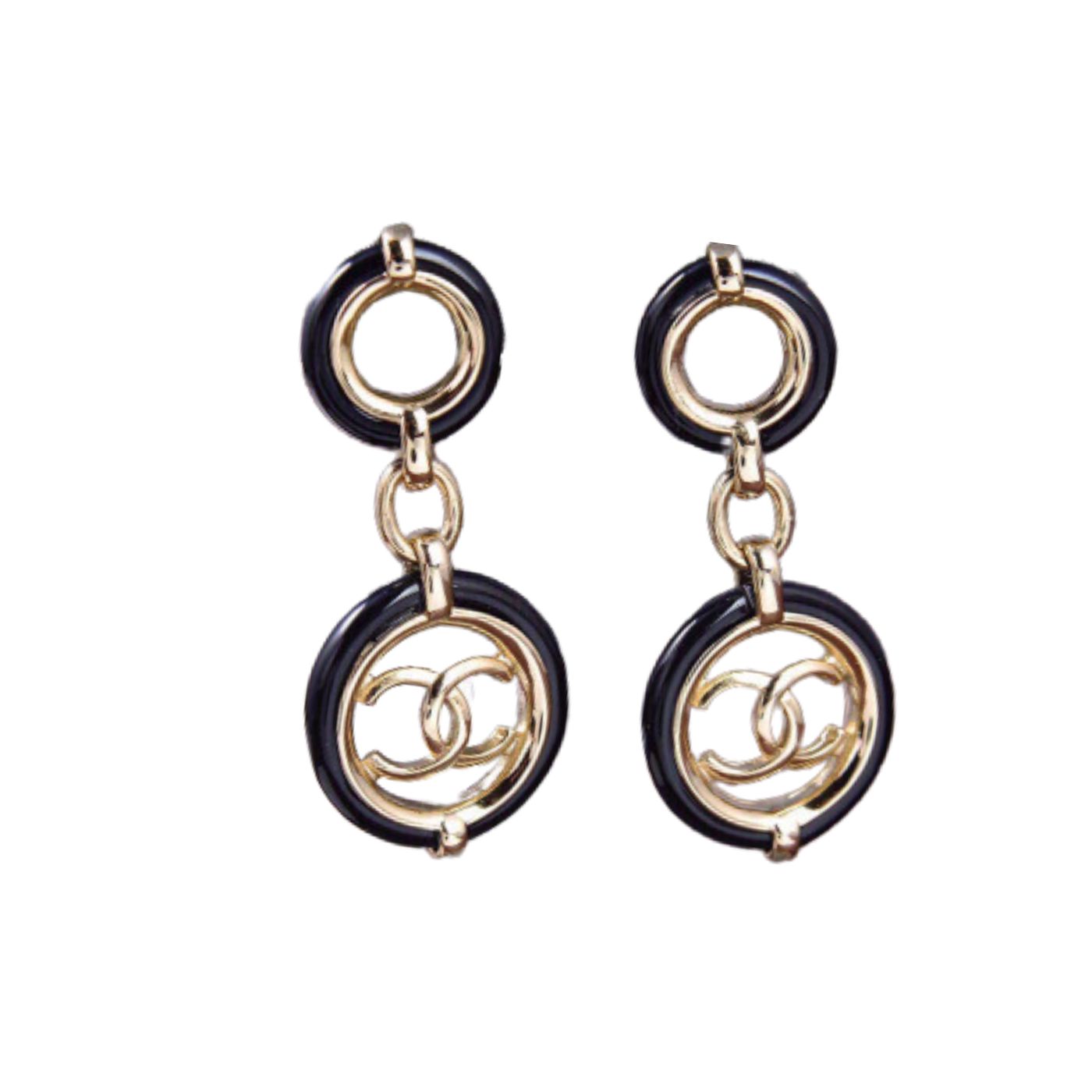 Chanel Black Border Round Earrings Gold Tone For Women