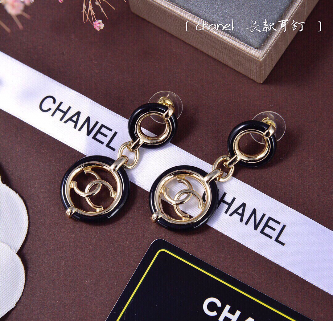 Chanel Black Border Round Earrings Gold Tone For Women