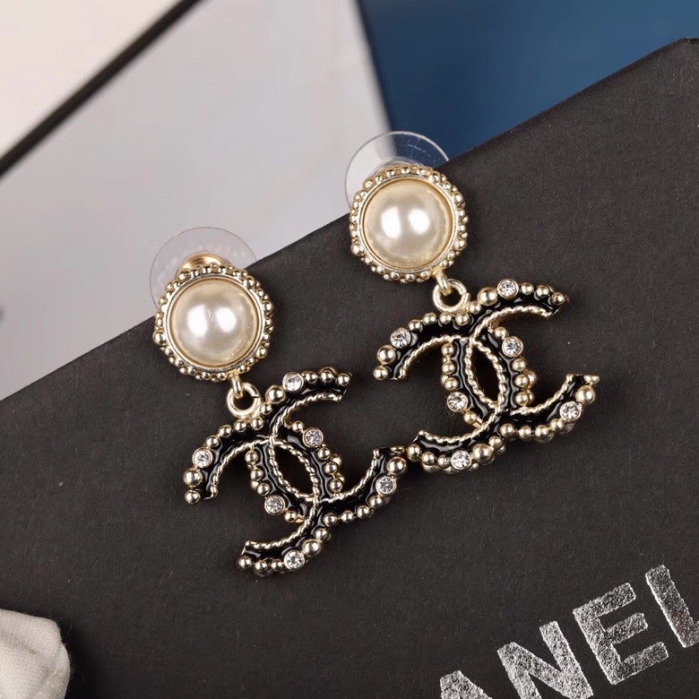 Chanel Black Douple C Earrings Gold Tone For Women