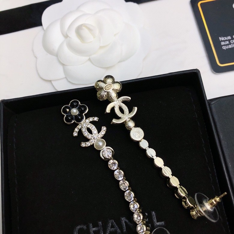 Chanel Black Flower Long Earrings Gold Tone For Women