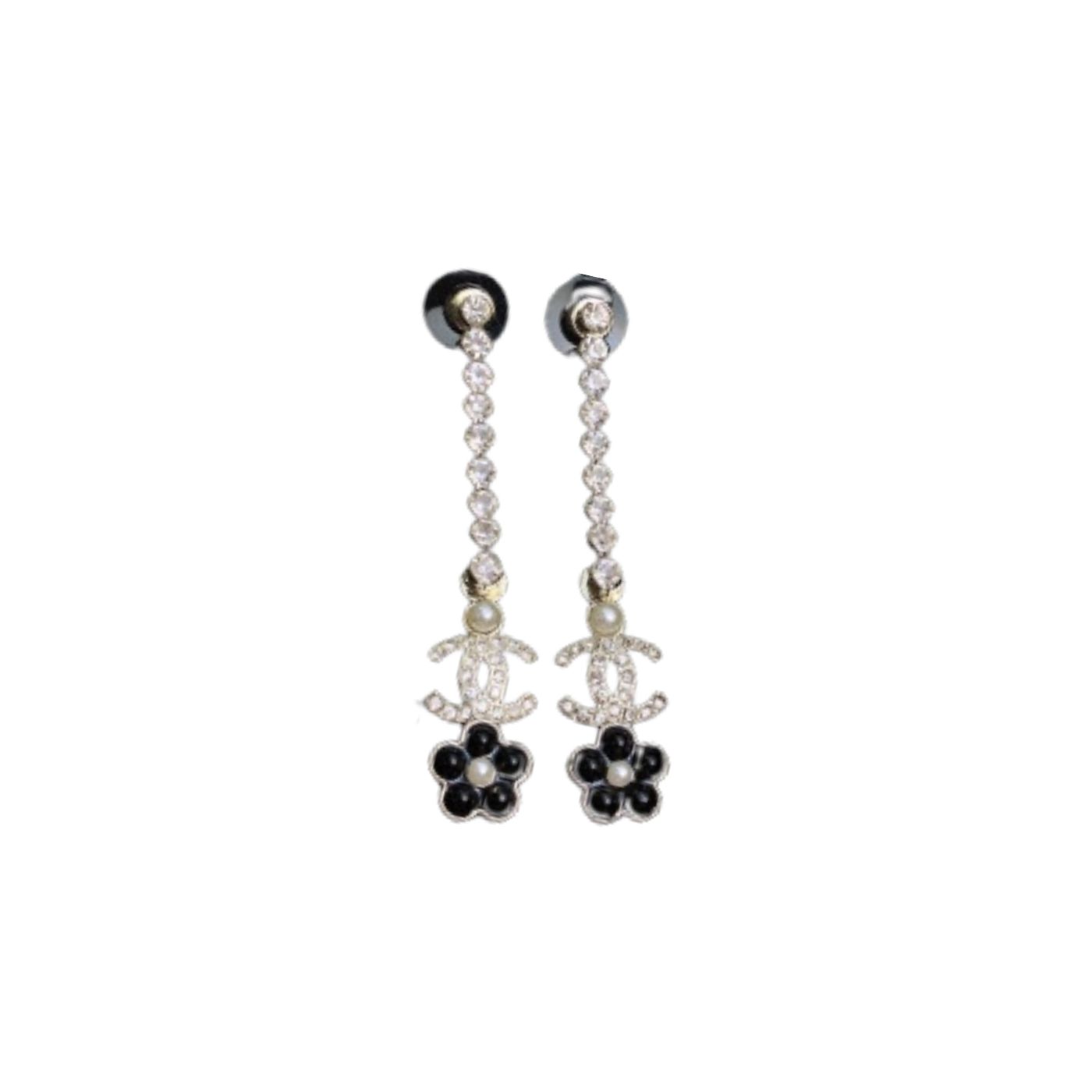 Chanel Black Flower Long Earrings Gold Tone For Women