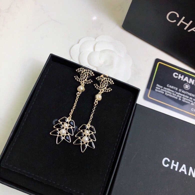 Chanel Black Petals Earrings Gold Tone For Women