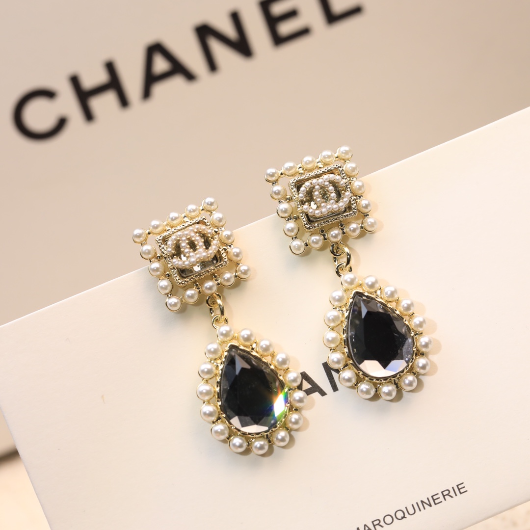 Chanel Black Twinkle Stone Earrings Gold Tone For Women