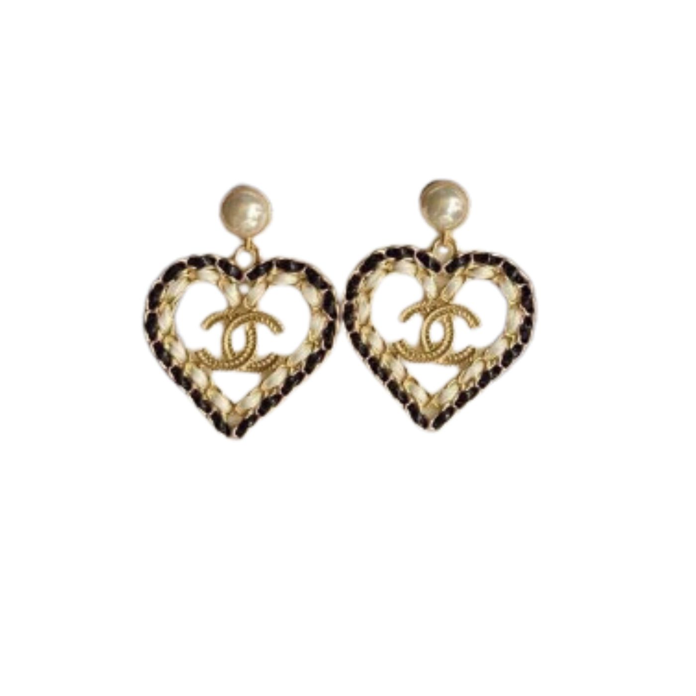 Chanel Black White Borders Heart Earrings Gold Tone For Women
