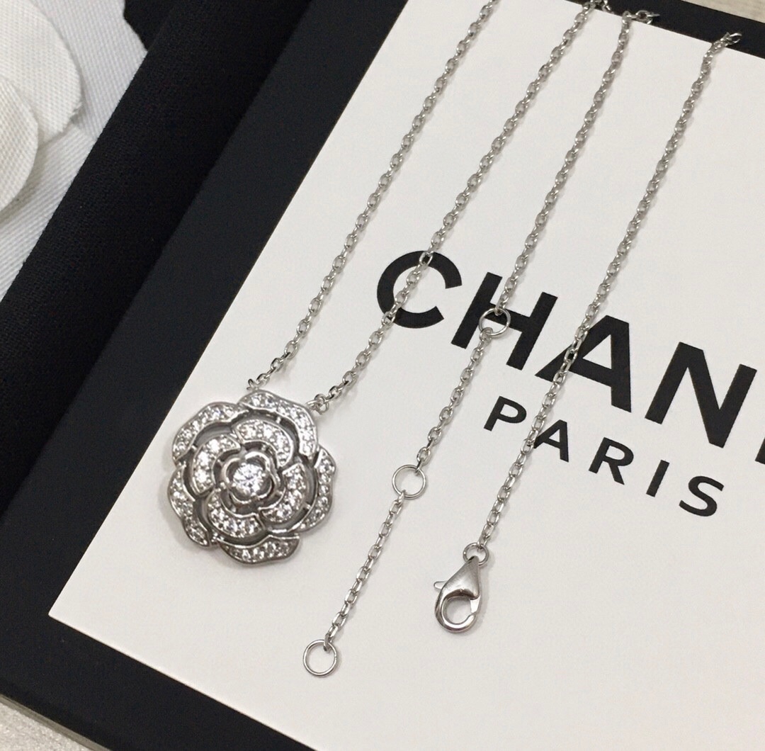 Chanel Bouton De Camélia Necklace Silver Tone For Women J12071, 3599591939884