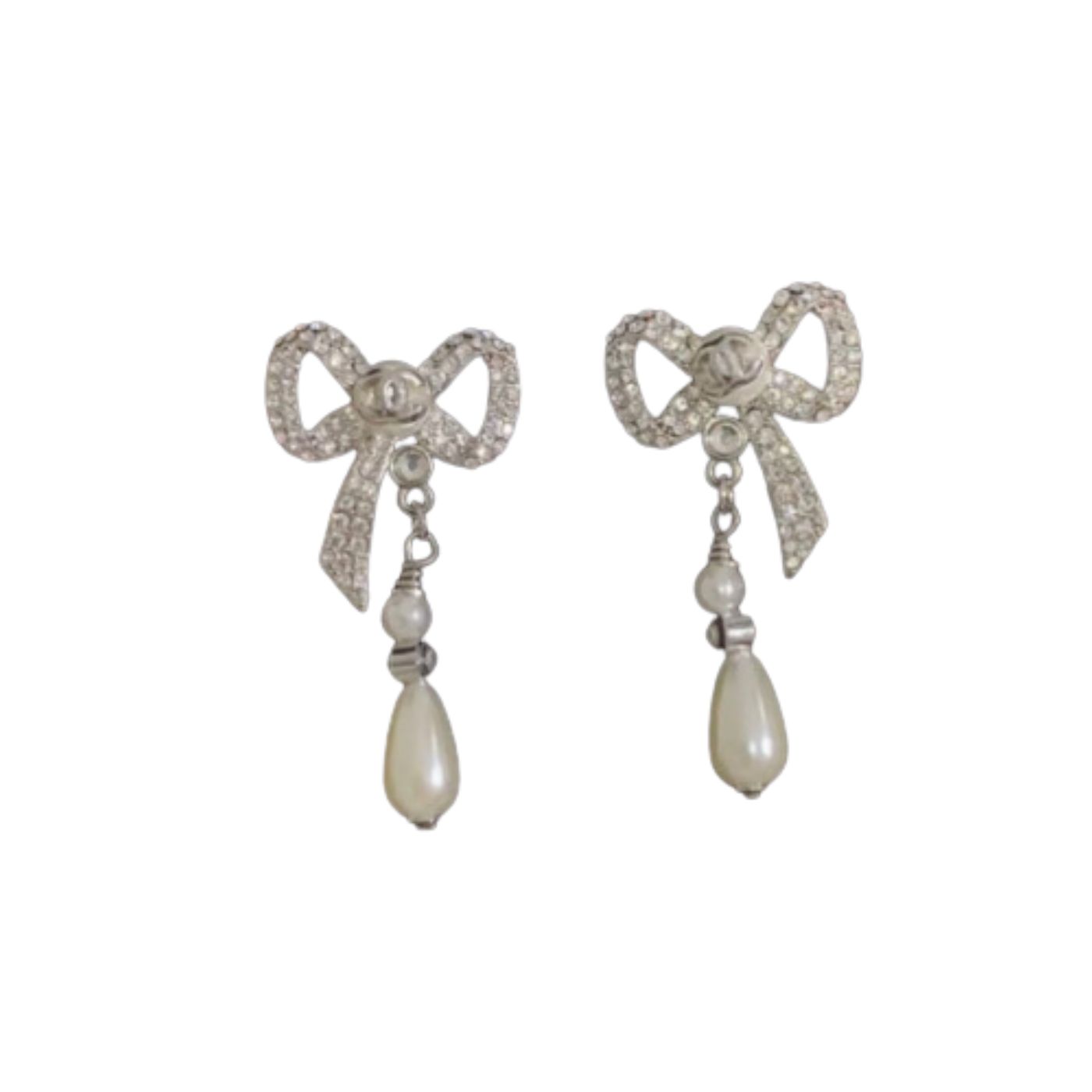 Chanel Bow Shape Earrings Silver Tone For Women