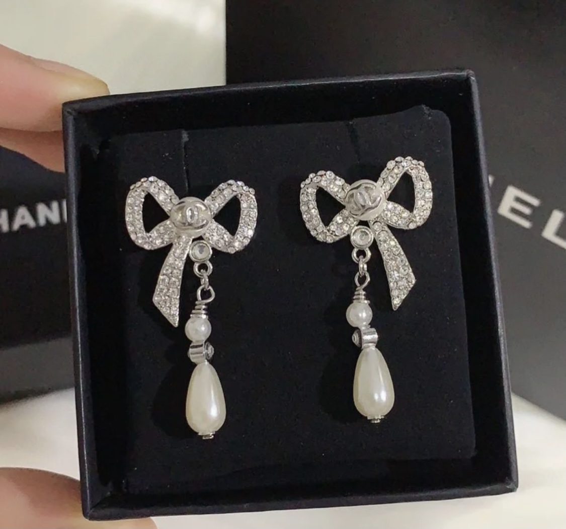 Chanel Bow Shape Earrings Silver Tone For Women