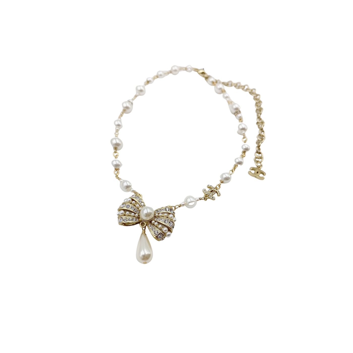 Chanel Bowknot Pendant Pearl Necklace Gold Tone For Women