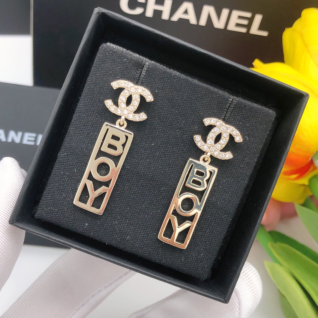 Chanel Boy Crystal Earrings Gold For Women
