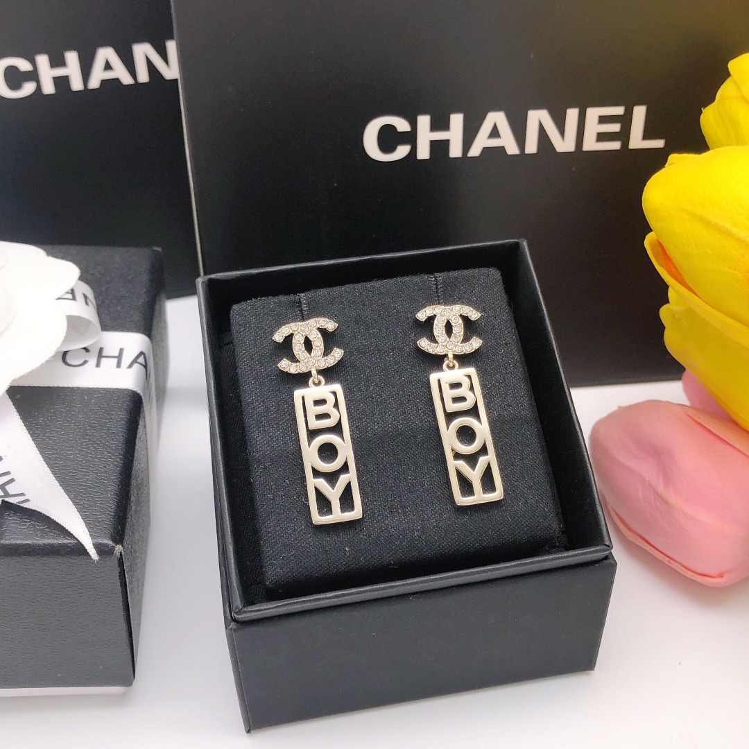 Chanel Boy Crystal Earrings Gold For Women