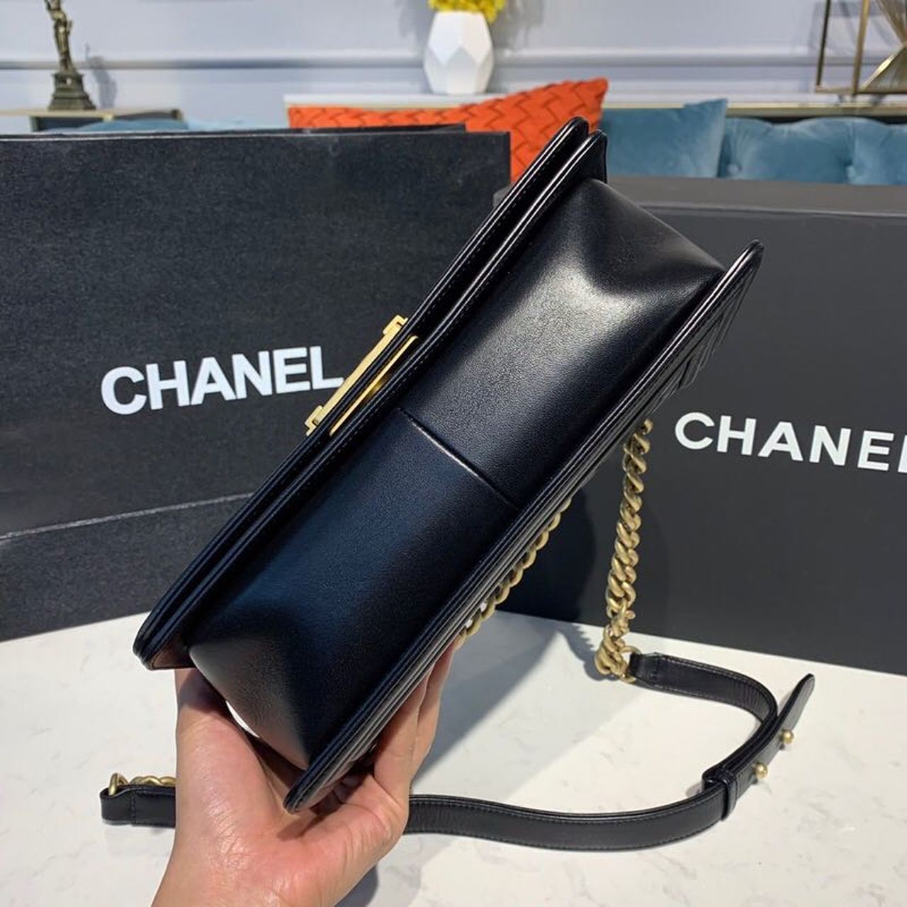 Chanel Boy Handbag Gold Toned Hardware Black For Women, Women’s Bags, Shoulder And Crossbody Bags 9.8in/25cm