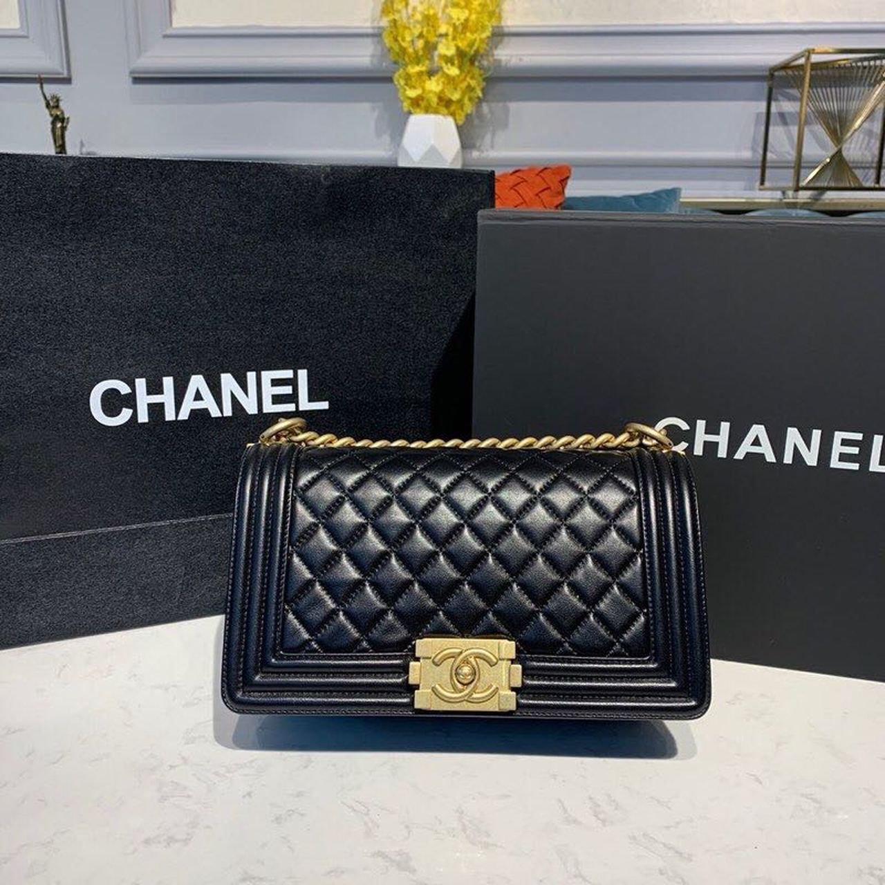 Chanel Boy Handbag Gold Toned Hardware Black For Women, Women’s Bags, Shoulder And Crossbody Bags 9.8in/25cm