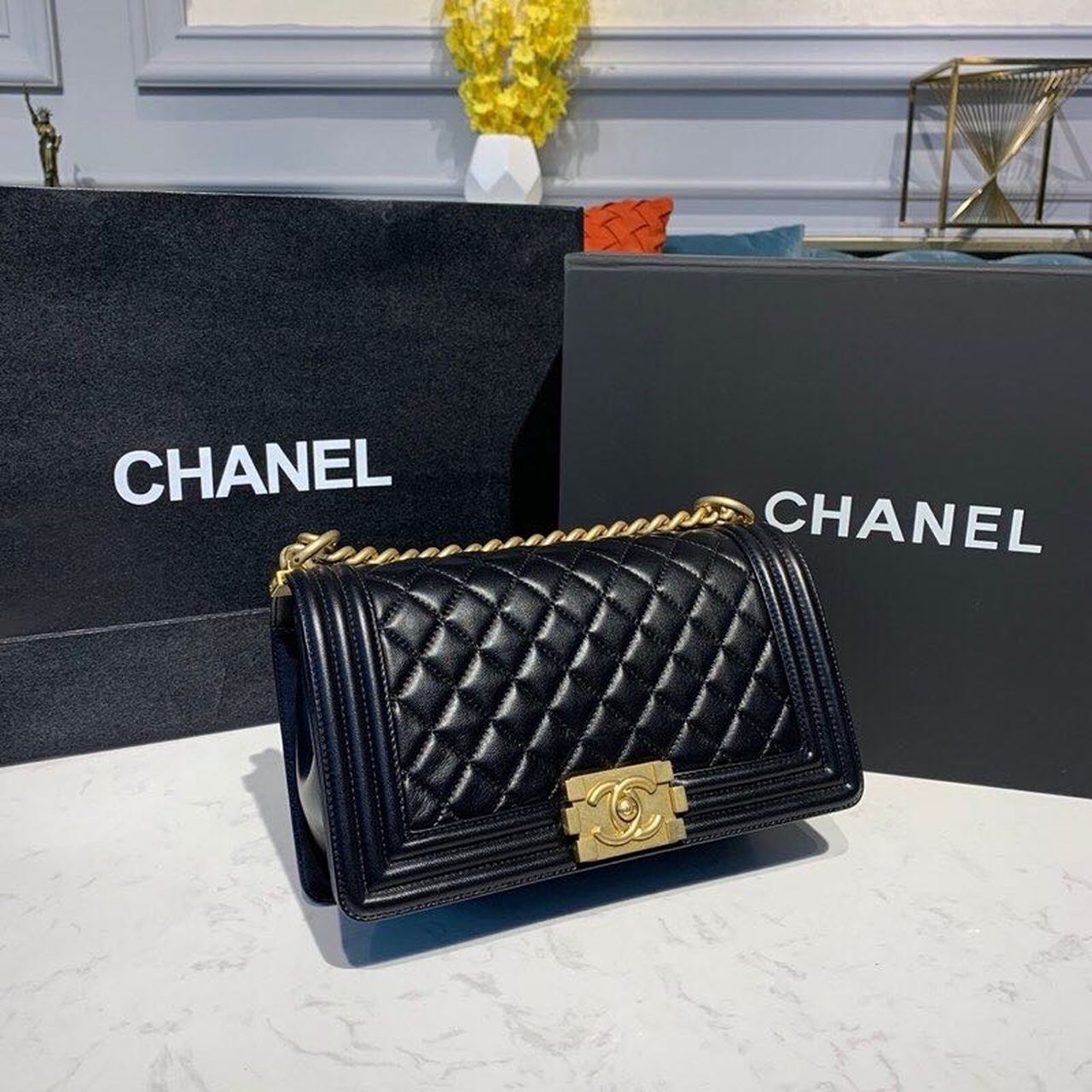 Chanel Boy Handbag Gold Toned Hardware Black For Women, Women’s Bags, Shoulder And Crossbody Bags 9.8in/25cm