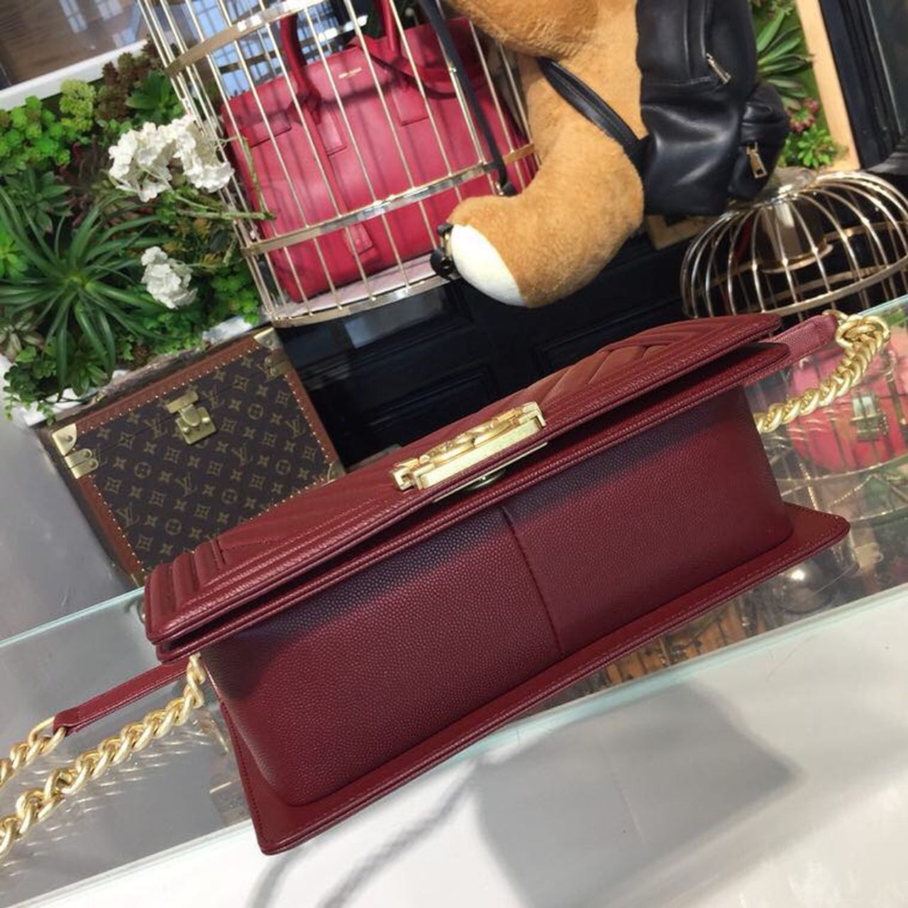 Chanel Boy Handbag Gold Toned Hardware Burgundy For Women, Women’s Bags, Shoulder And Crossbody Bags 9.8in/25cm