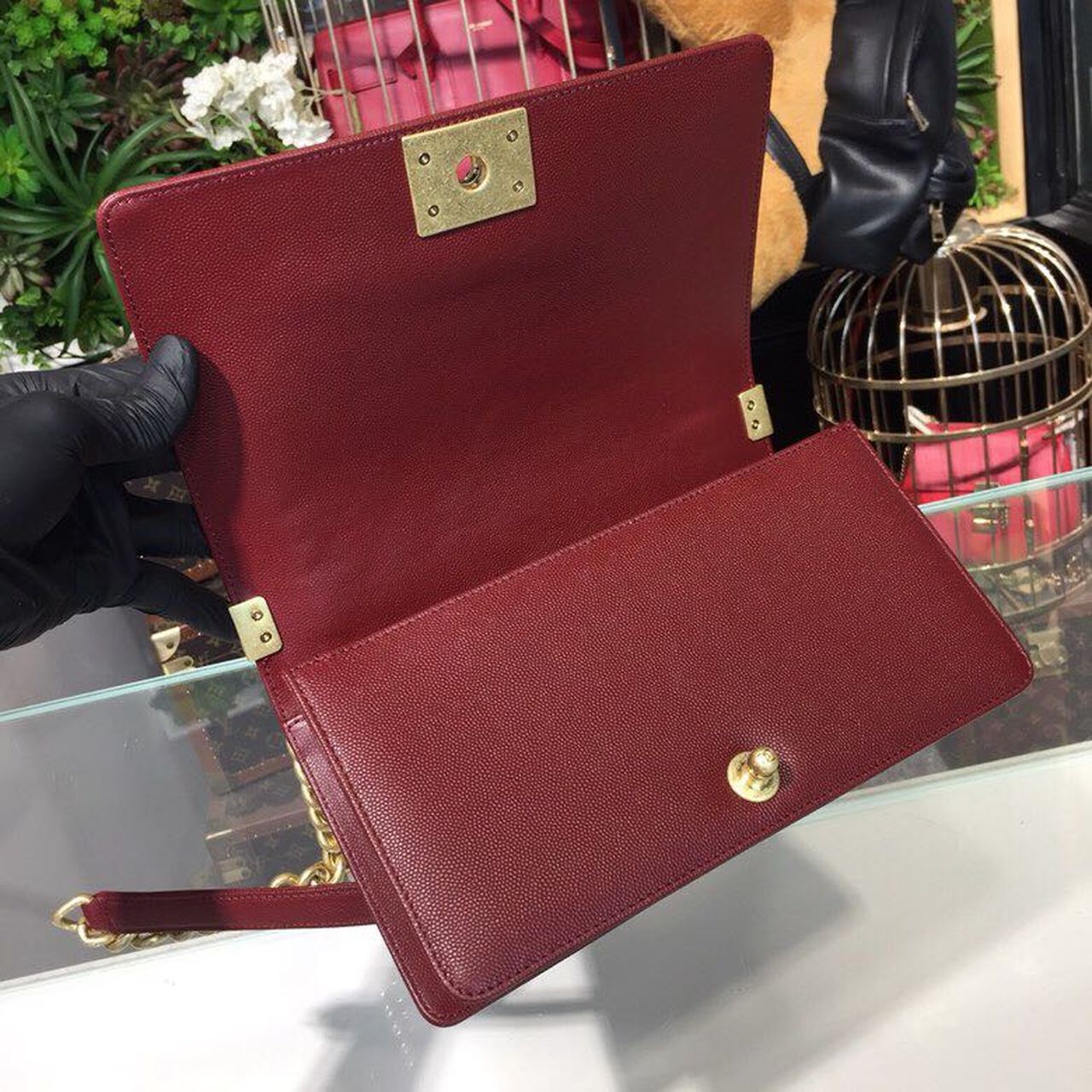 Chanel Boy Handbag Gold Toned Hardware Burgundy For Women, Women’s Bags, Shoulder And Crossbody Bags 9.8in/25cm