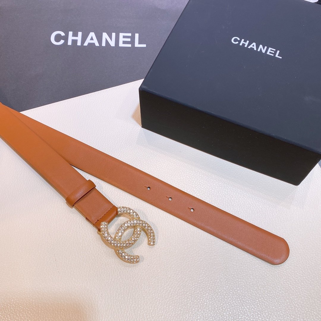 Chanel Brown Belt With Double C Buckle Gold-Toned and Strass Metal Women Belt