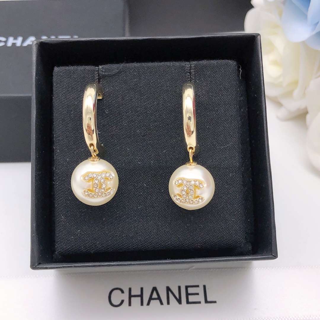 Chanel C-Shaped Rhinestone Earrings Gold For Women