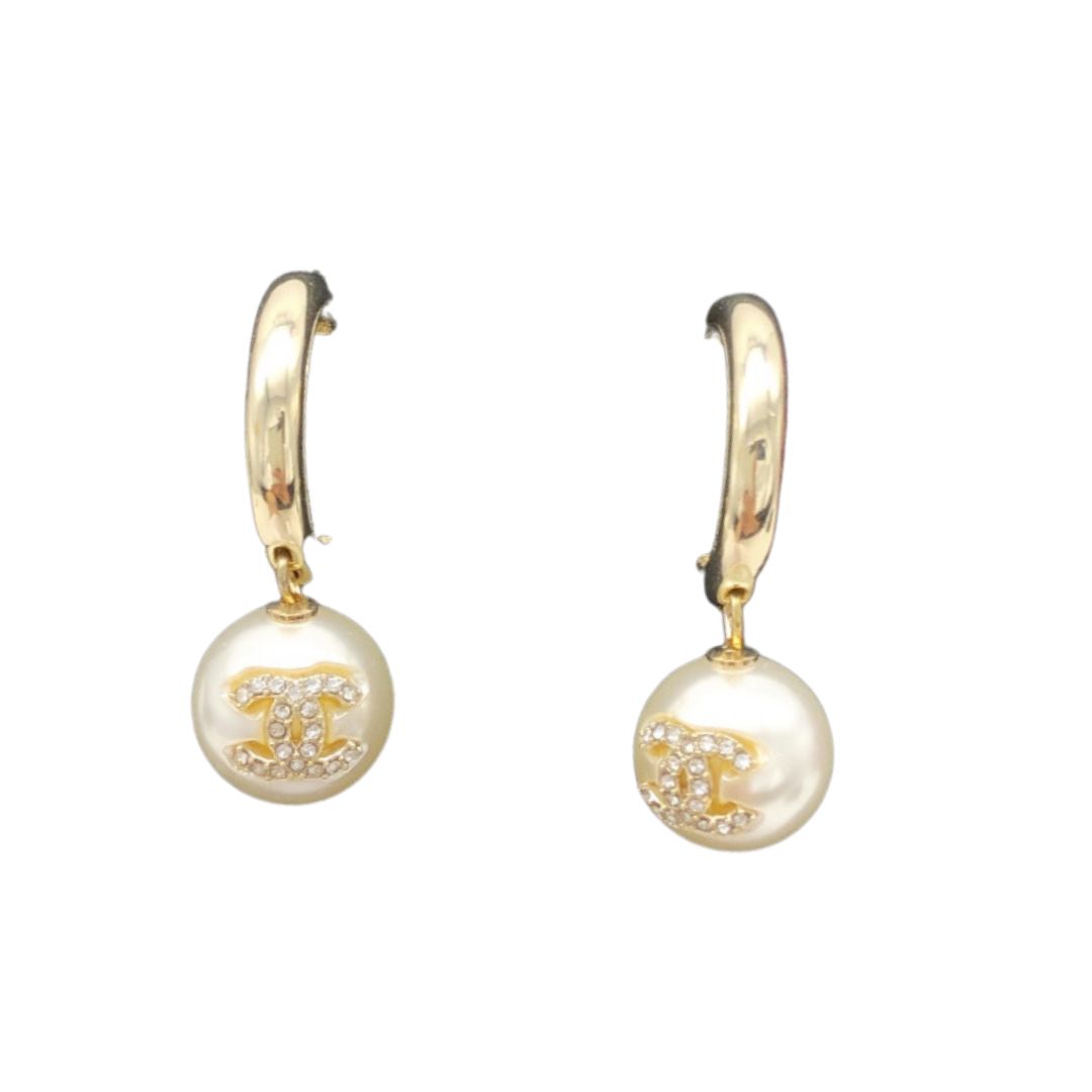 Chanel C-Shaped Rhinestone Earrings Gold For Women