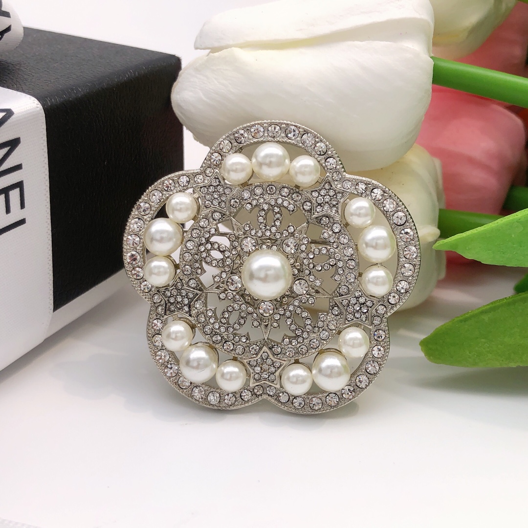 Chanel Camellia Brooch Silver For Women
