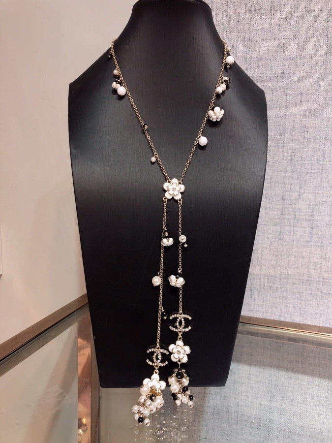 Chanel Camellia Flower Long Necklace Gold Tone For Women