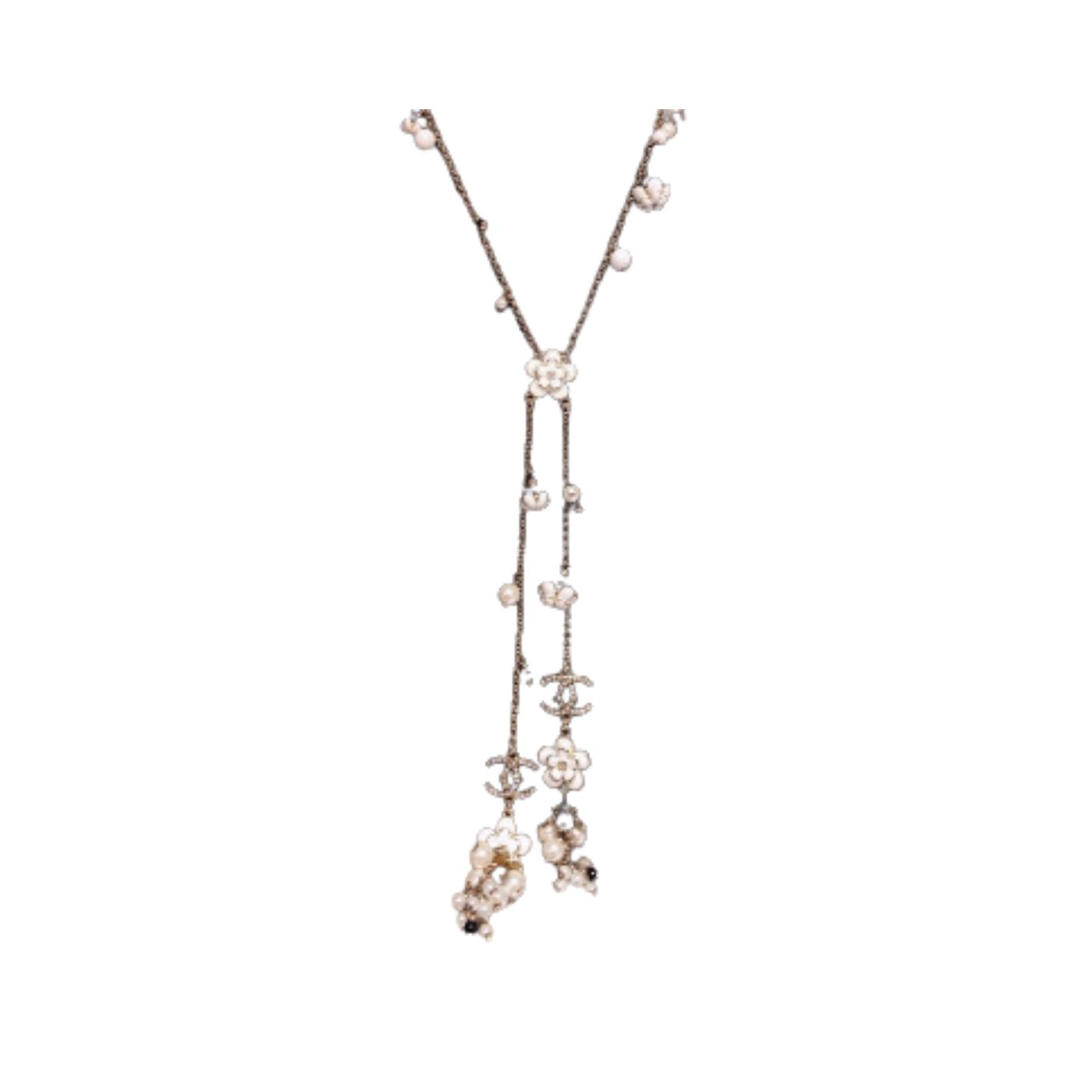 Chanel Camellia Flower Long Necklace Gold Tone For Women