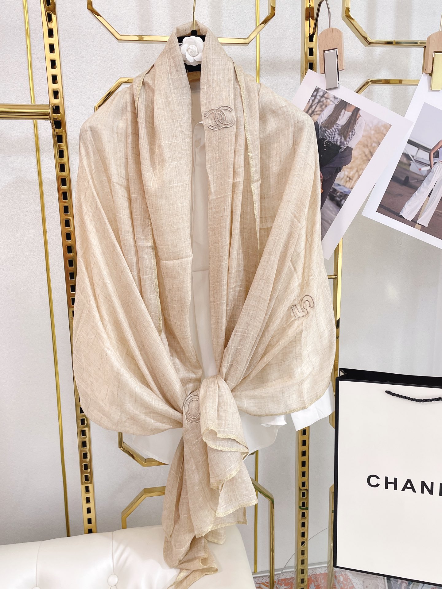 Chanel Cashmere Silk Rectangle Beige Scarf Large 200cm/78in