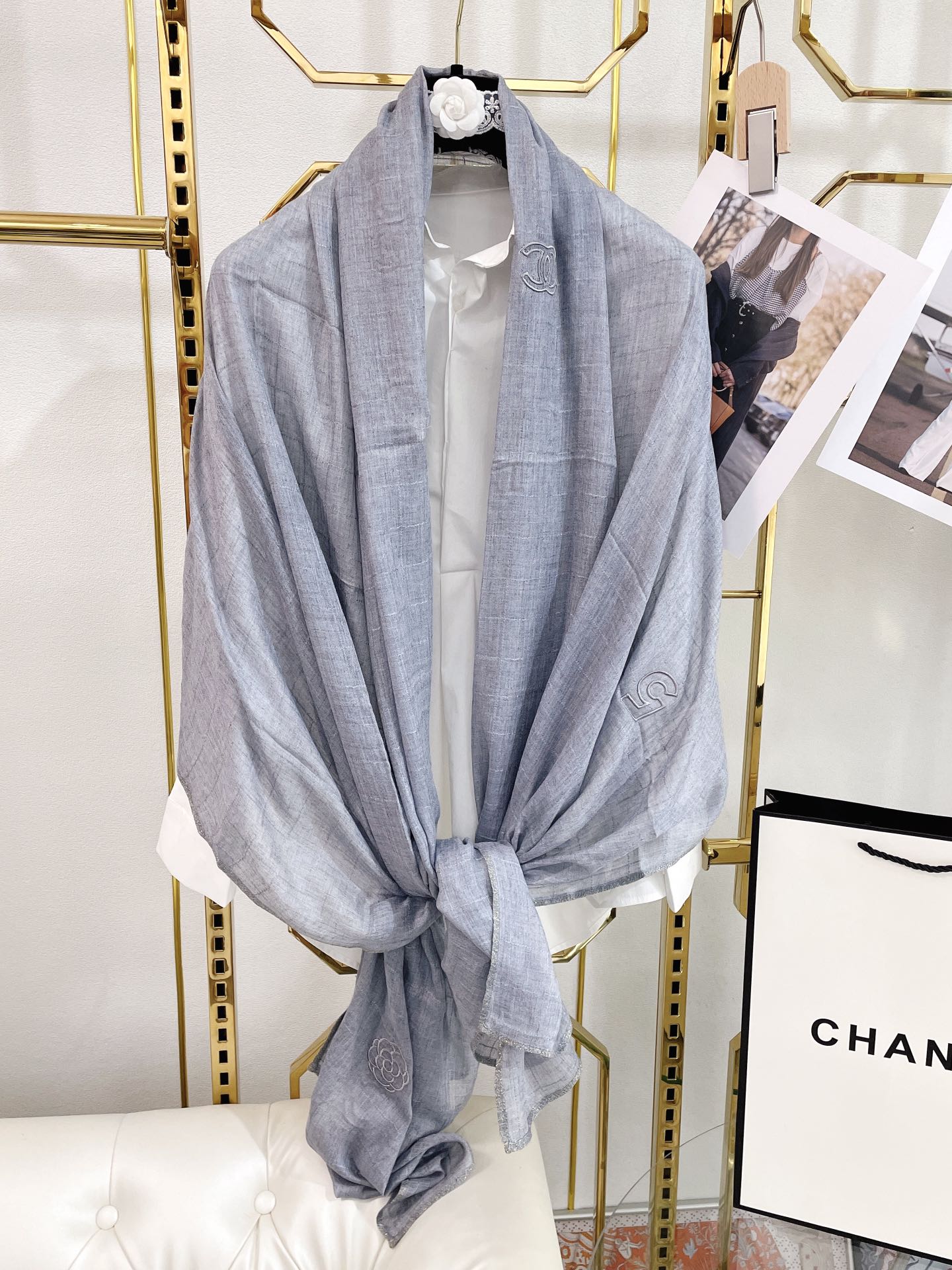Chanel Cashmere Silk Rectangle Light Blue Scarf Large 200cm/78in