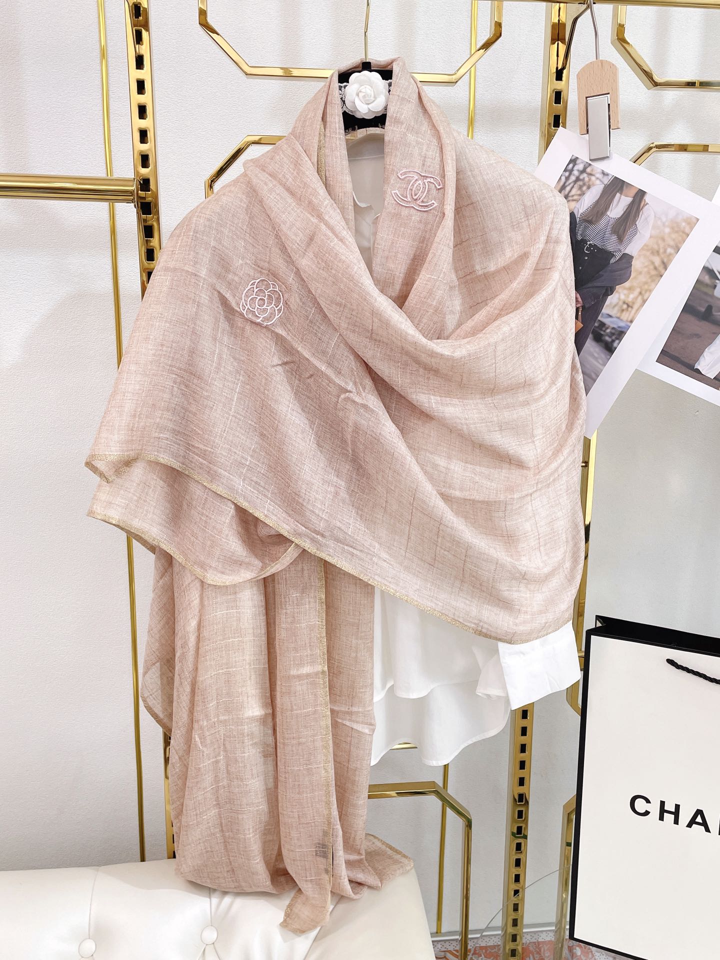 Chanel Cashmere Silk Rectangle Light Pink Scarf Large 200cm/78in