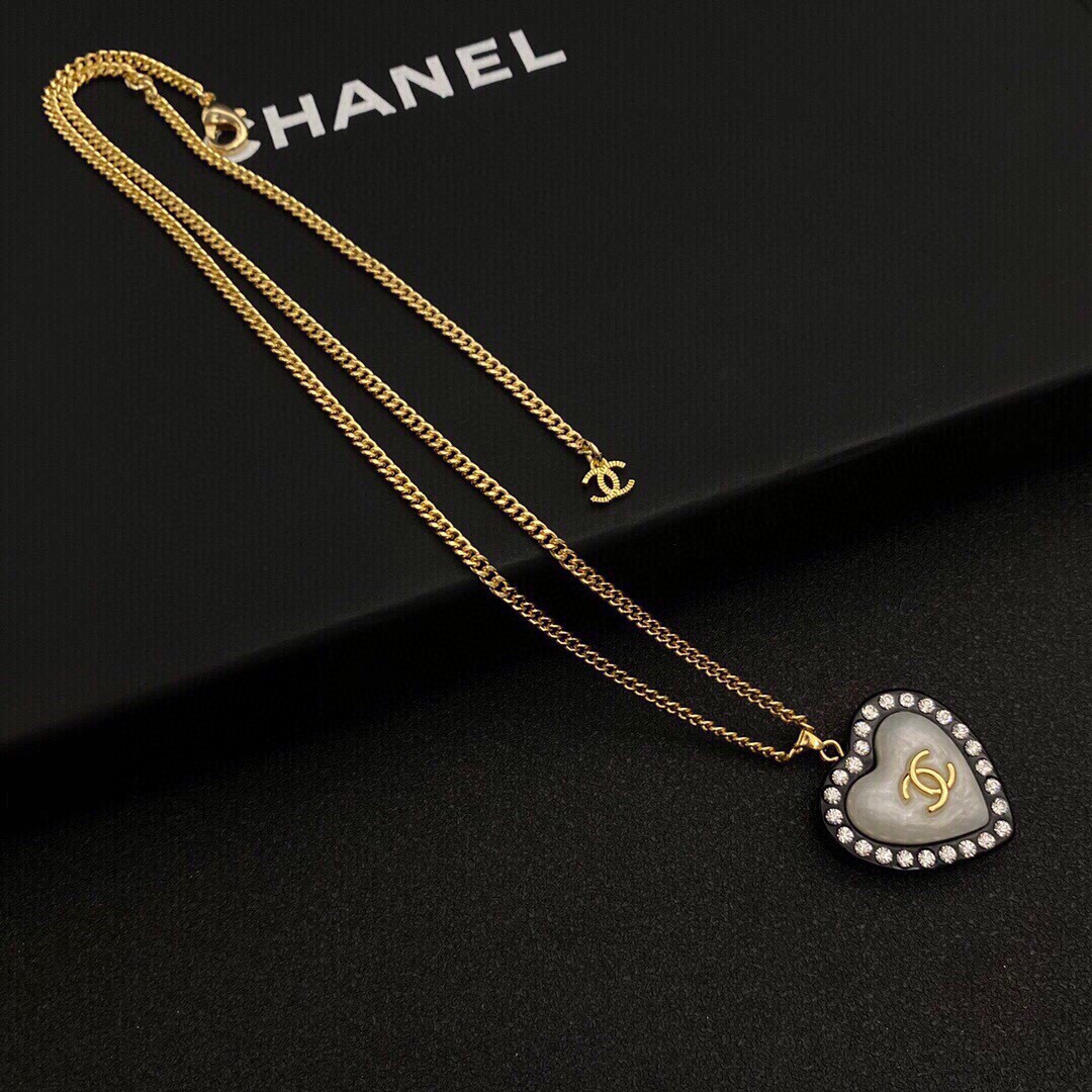 Chanel CC Black Heart Necklace Gold Tone For Women