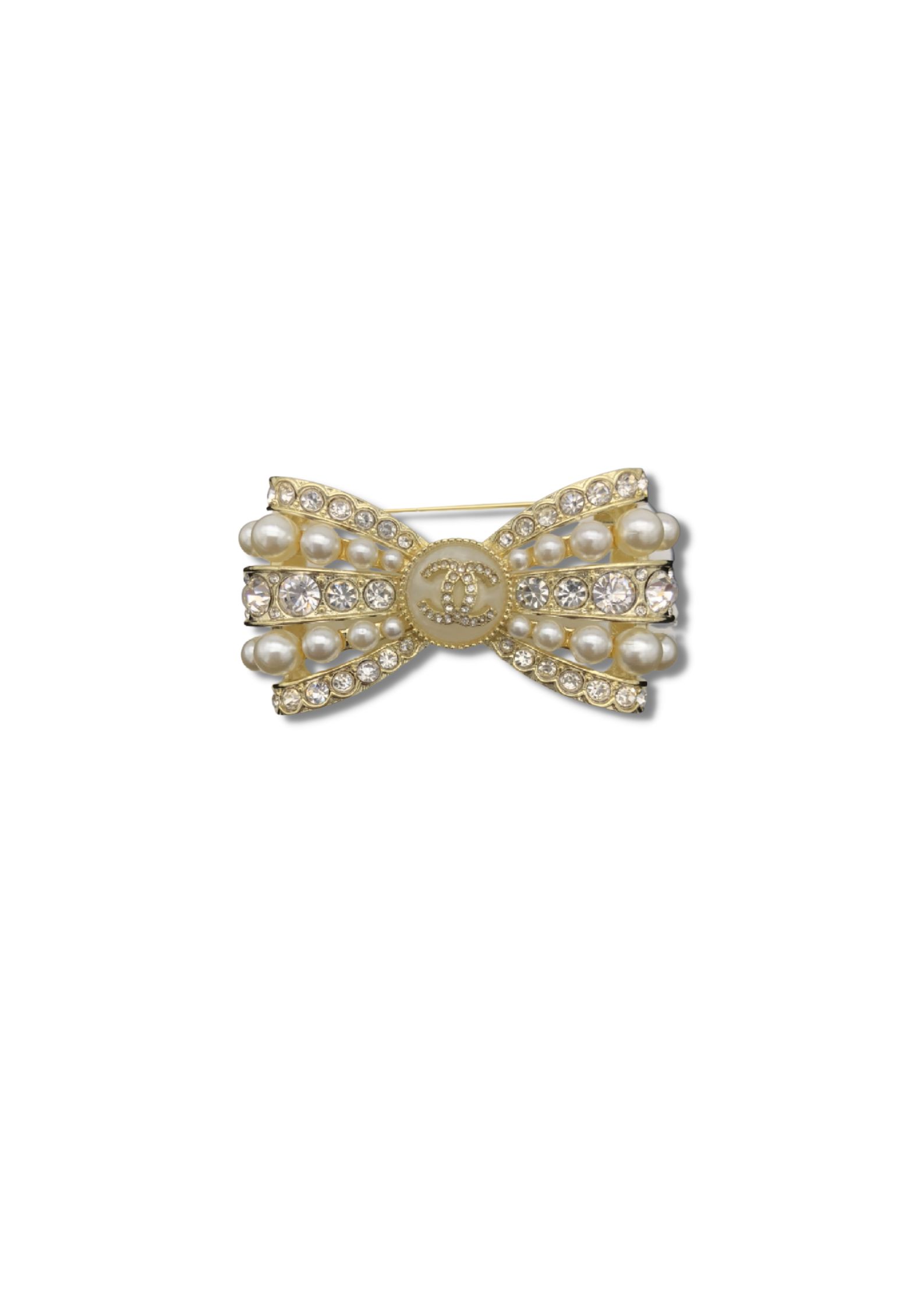 Chanel CC Bowknot Ornaments Pearl Brooch Gold Tone For Women
