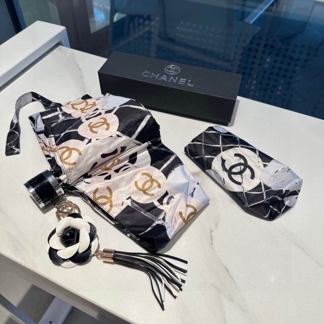 Chanel CC Check Folding Umbrella Black