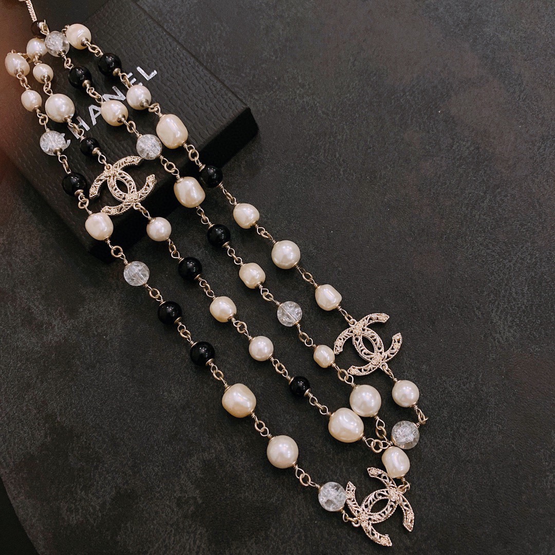 Chanel CC Double Long Pearl Necklace White And Black For Women