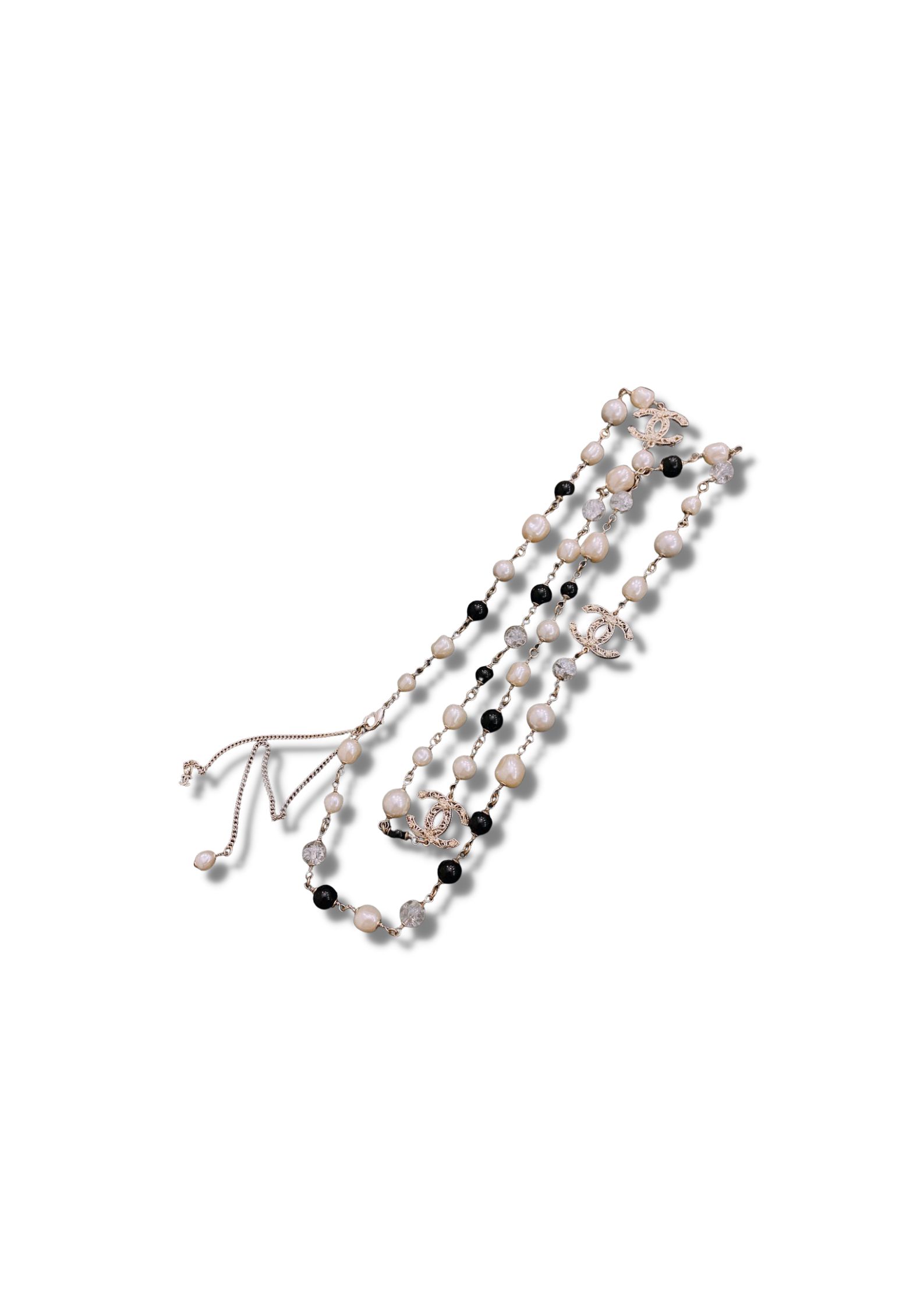 Chanel CC Double Long Pearl Necklace White And Black For Women