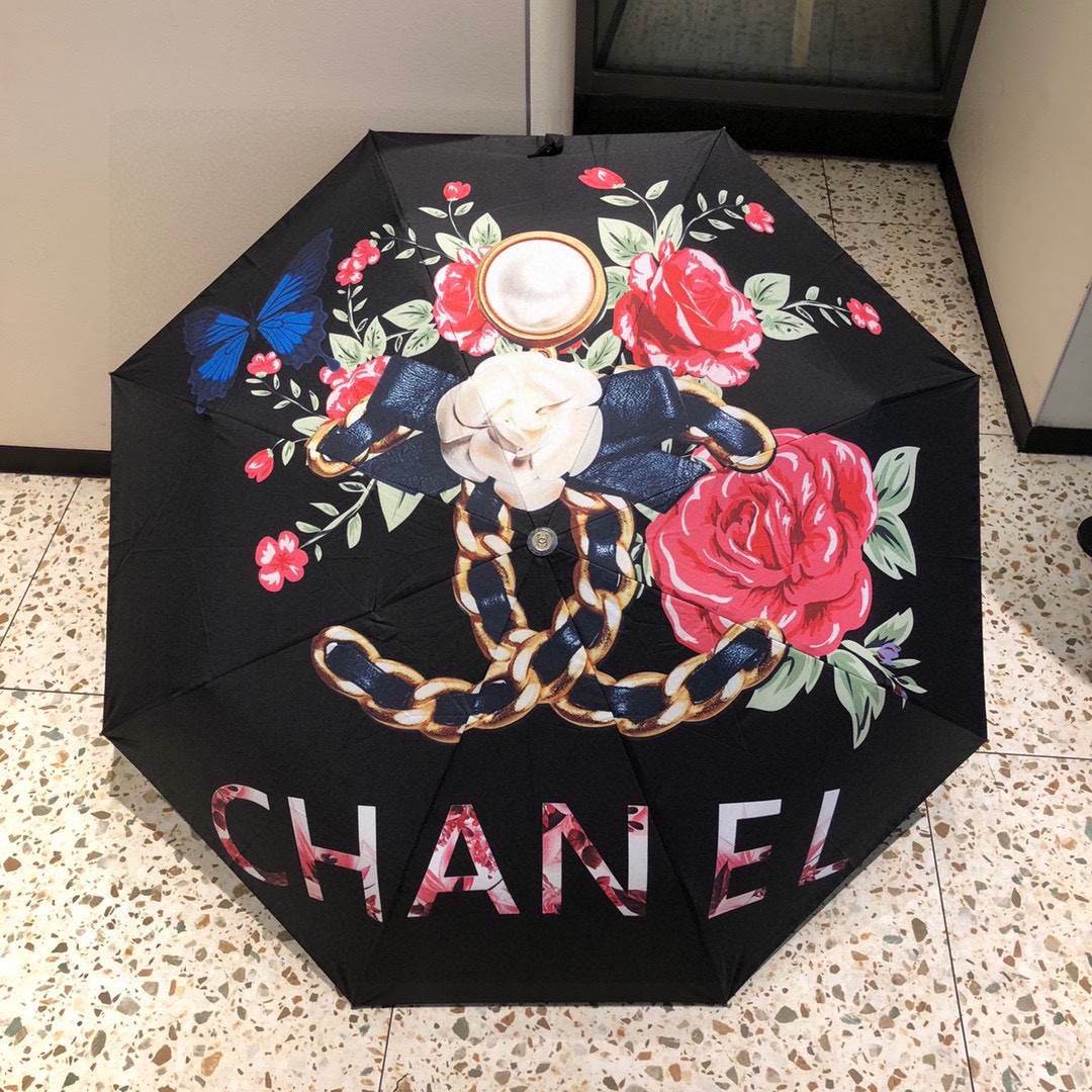 Chanel CC Folding Umbrella With Flower Black