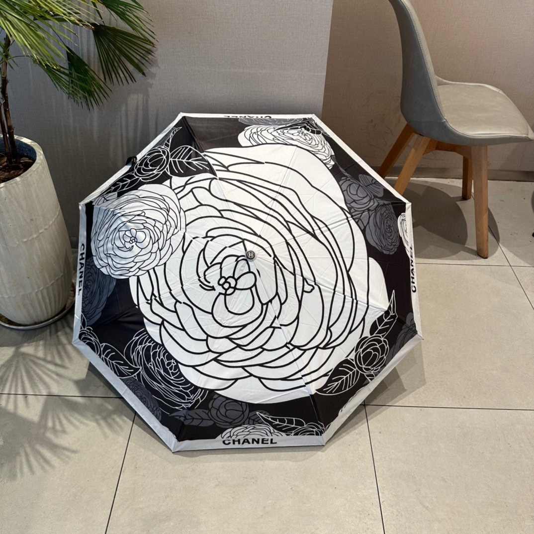 Chanel CC Folding Umbrella With Flower Black