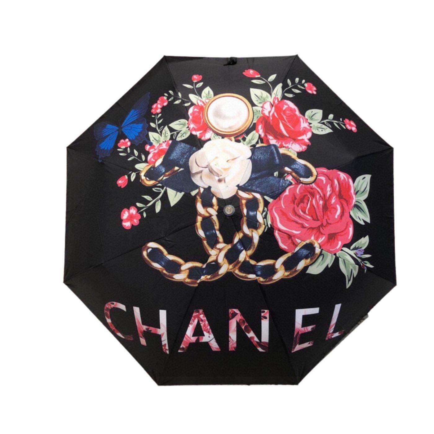 Chanel CC Folding Umbrella With Flower Black