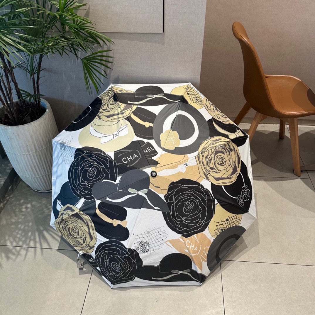 Chanel CC Folding Umbrella With Flower Black