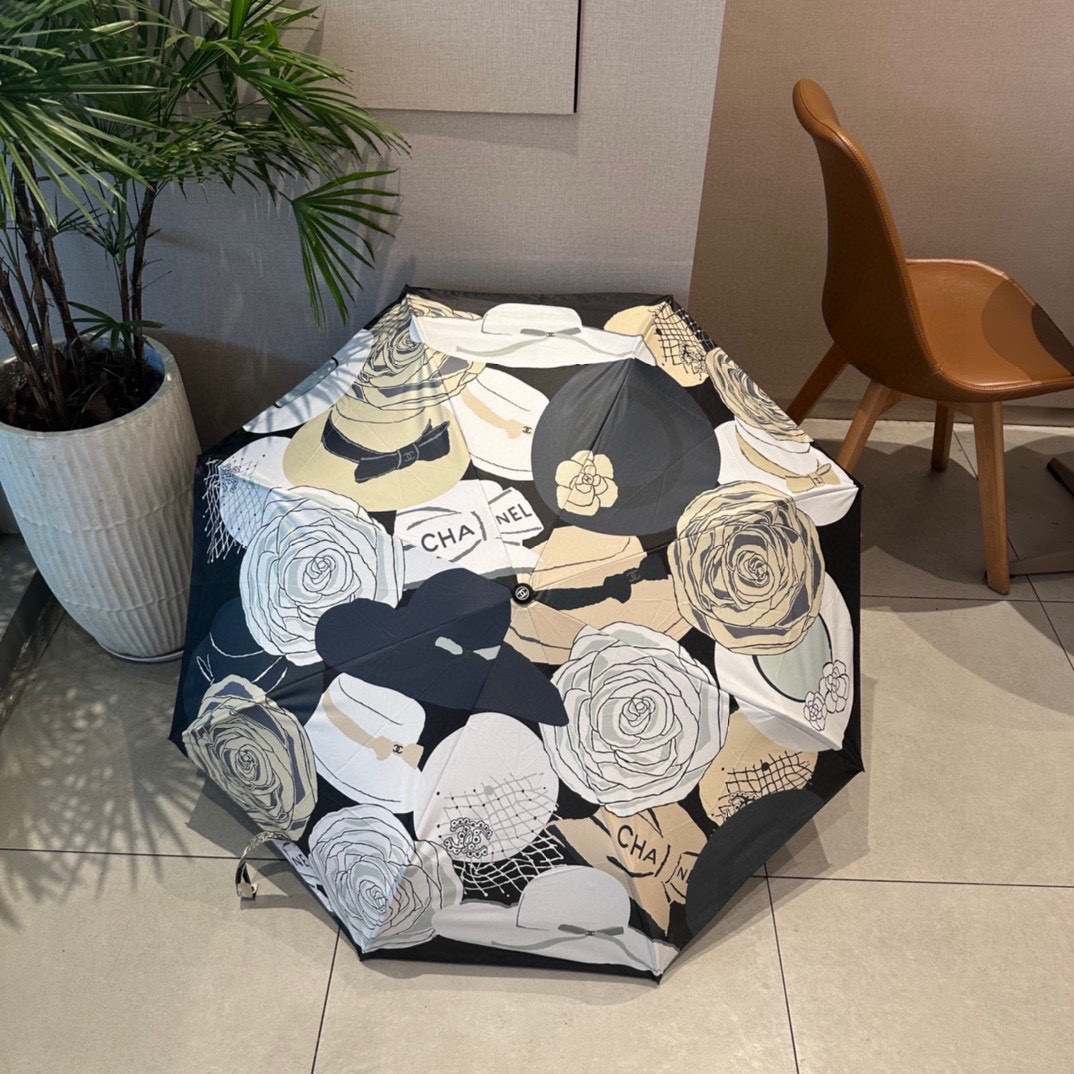 Chanel CC Folding Umbrella With Flower Black
