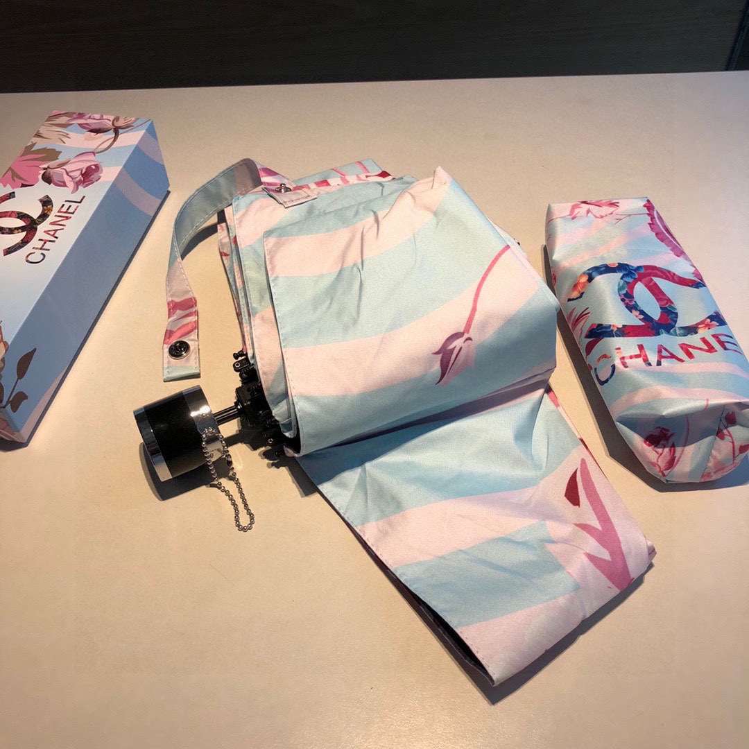 Chanel CC Folding Umbrella With Flower Light Blue