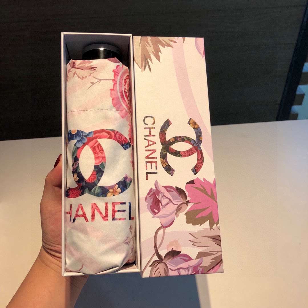 Chanel CC Folding Umbrella With Flower White