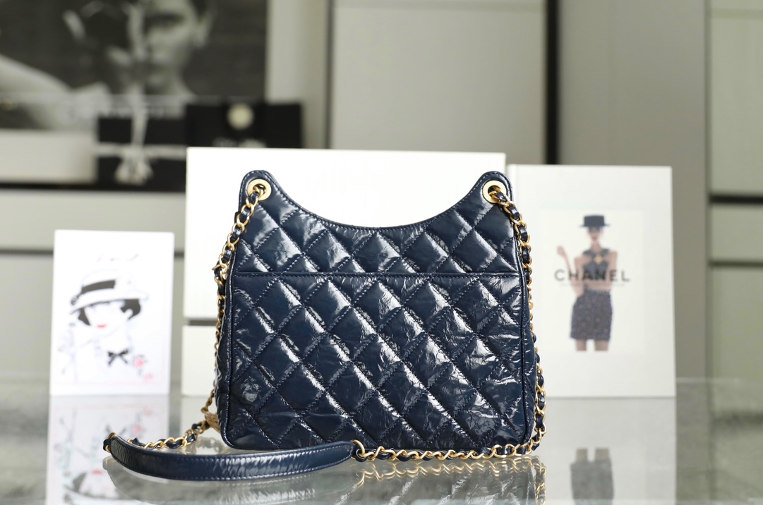 Chanel CC Medium Hobo Bag Black/ Dark Blue For Women 8.6 in / 22.5 cm