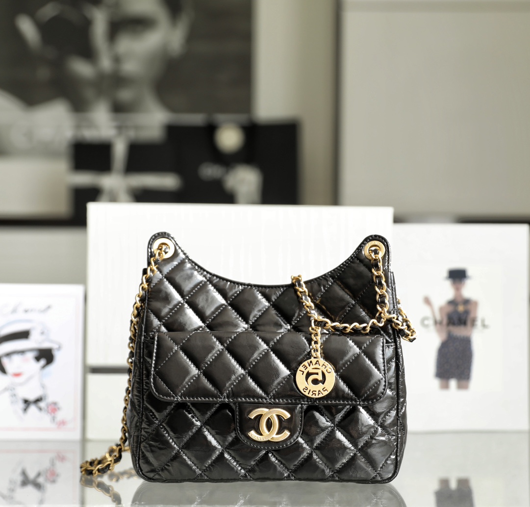 Chanel CC Medium Hobo Bag Black/ Dark Blue For Women 8.6 in / 22.5 cm