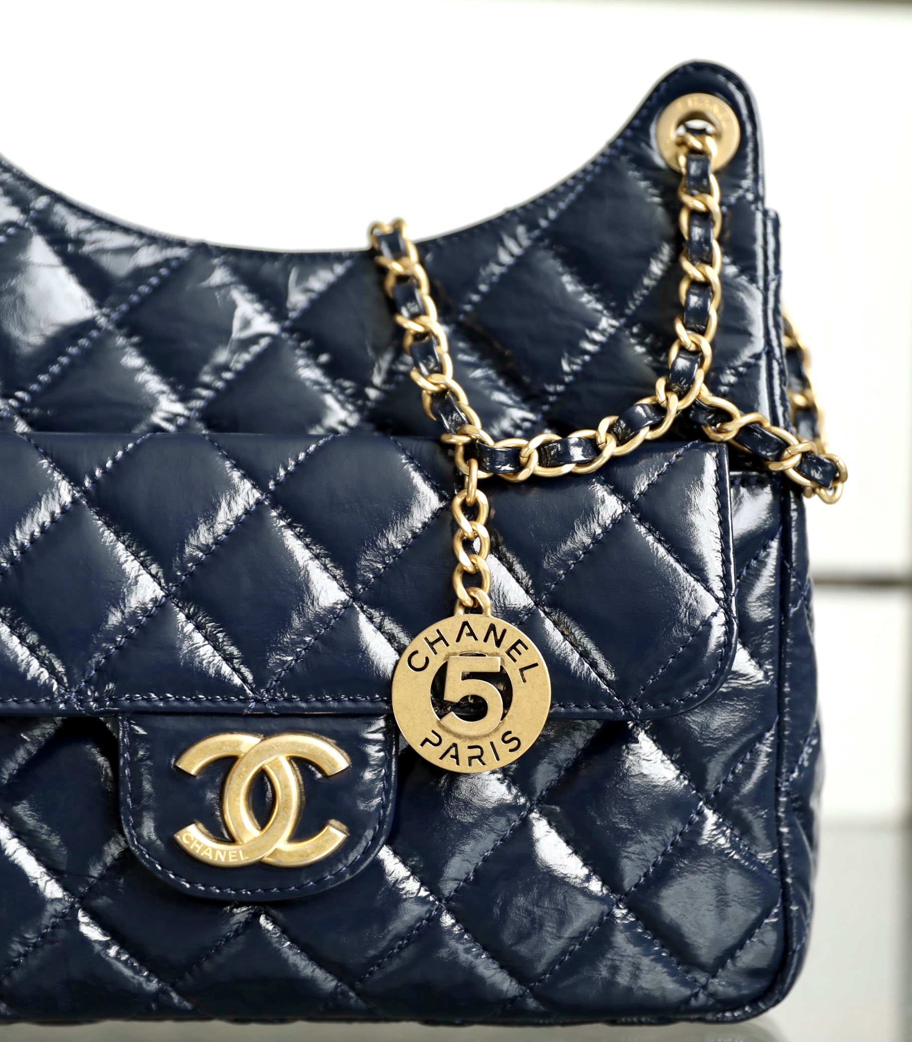Chanel CC Medium Hobo Bag Black/ Dark Blue For Women 8.6 in / 22.5 cm